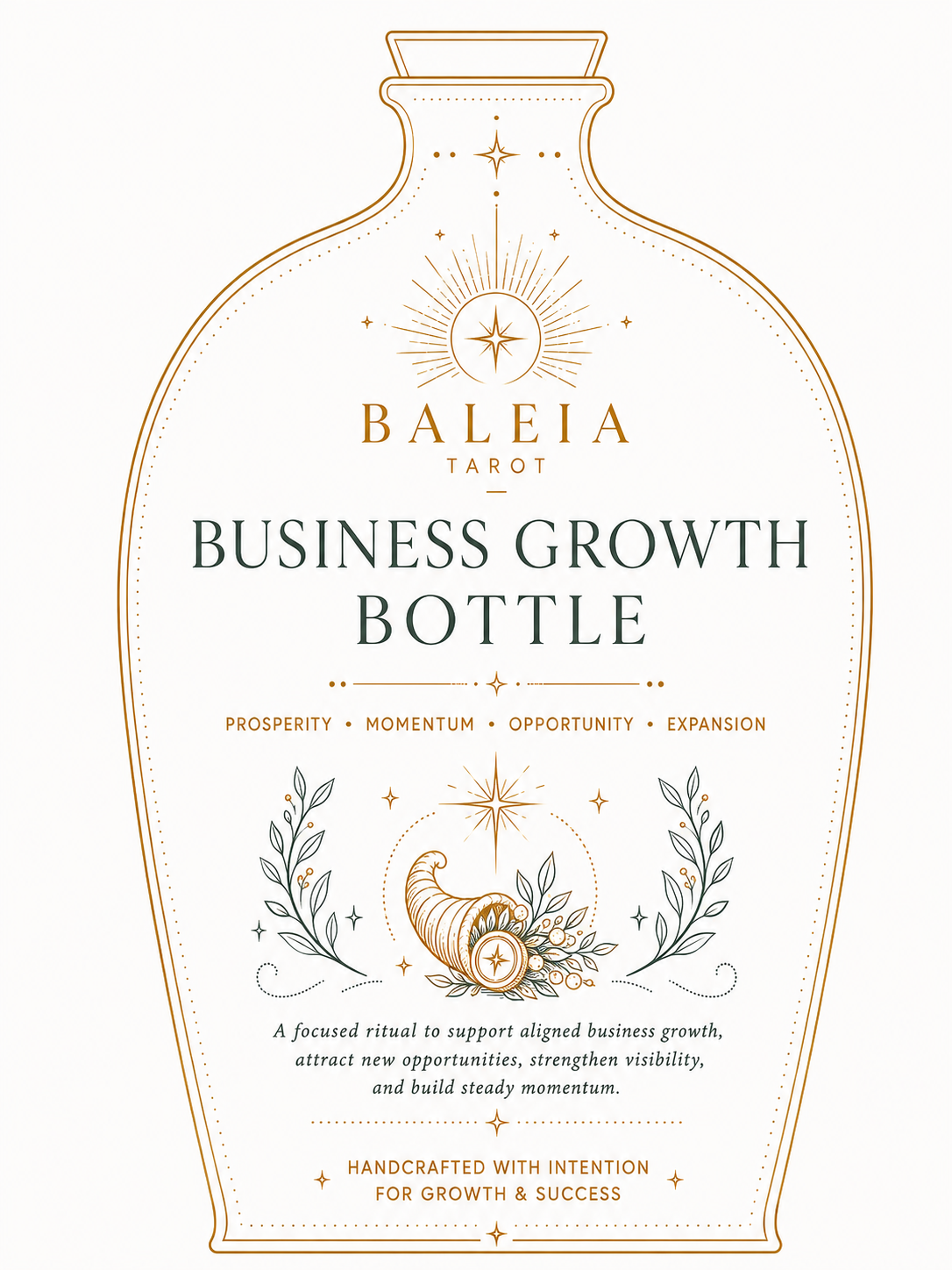 Baleia Tarot Business Growth Bottle 事業增長瓶產品設計,金色瓶形線稿配豐盛之角圖案