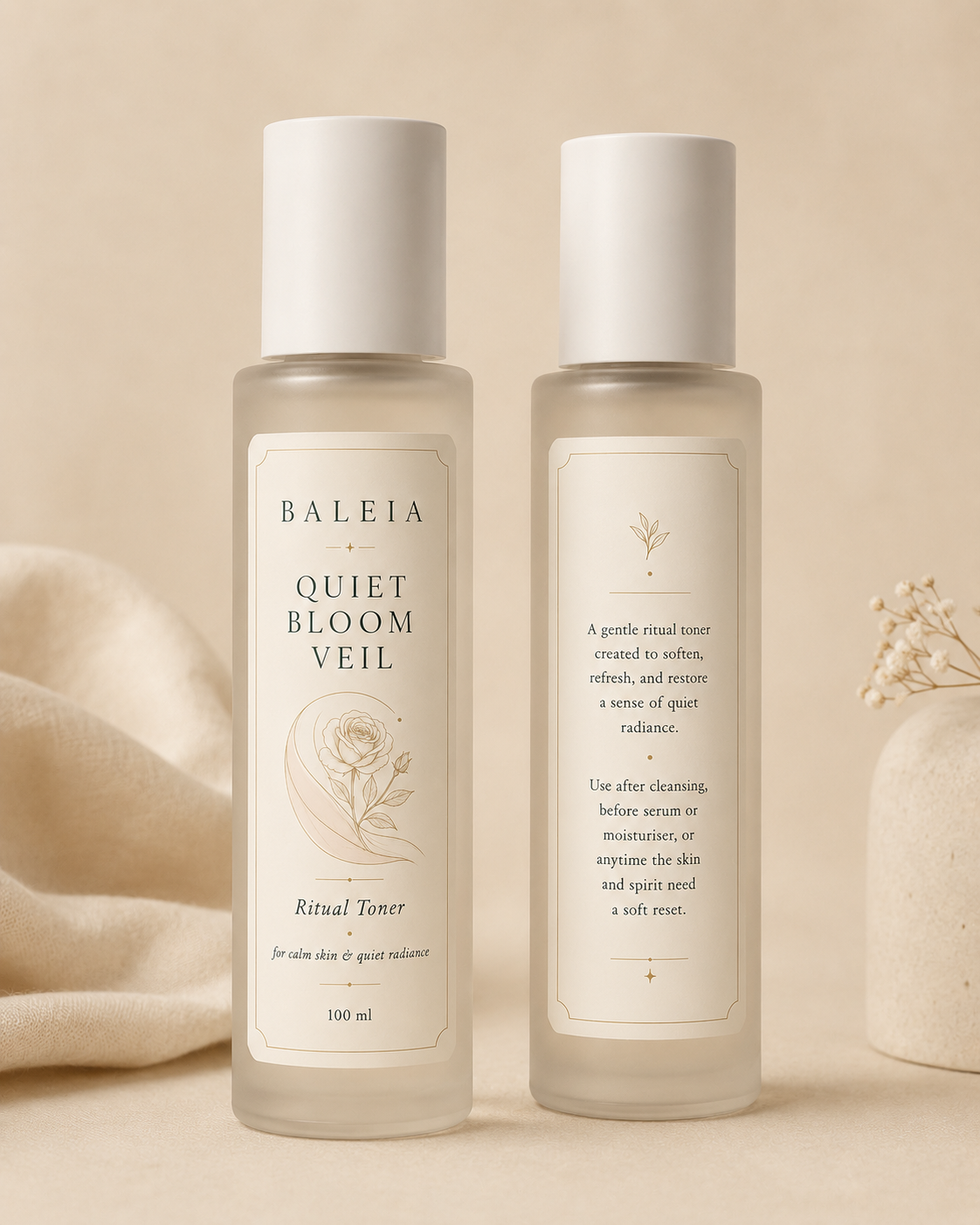 Baleia Quiet Bloom Veil Ritual Toner 靜花柔光儀式爽膚水,100ml 霧面玻璃瓶正反面展示