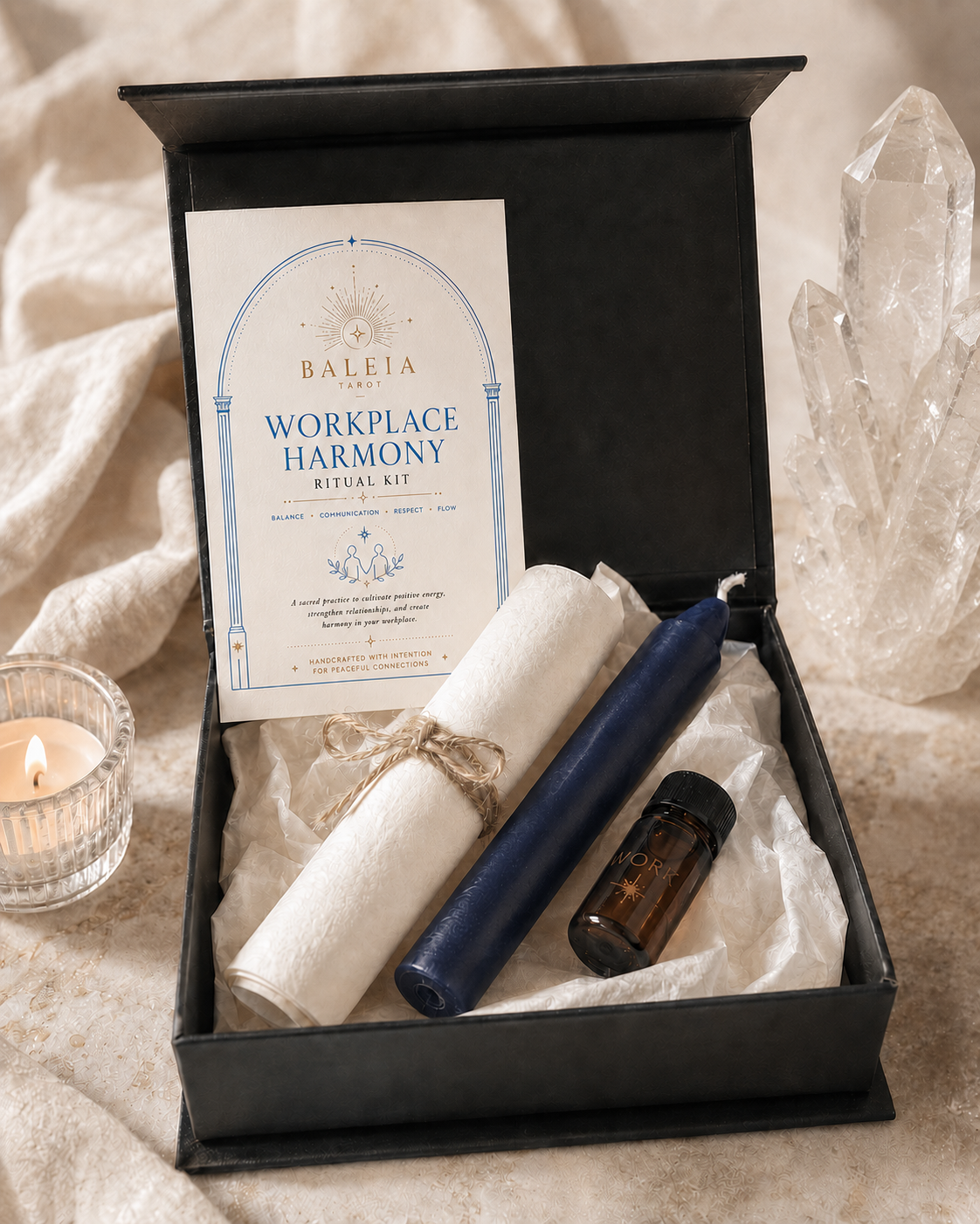 Baleia Tarot Workplace Harmony Ritual Kit 職場和諧儀式工具包:黑色禮盒內附深藍色蠟燭、儀式油、羊皮紙與指引卡